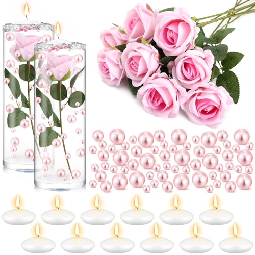 Riceshoot 326 Pcs Floating Flowers Vase Fillers Kit 12 Artificial Rose 12 Floating Candle Centerpieces 300 Pearl 2 Bags Wa...