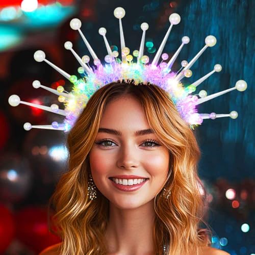 Zoestar Light Up Pearl Crown Headband LED halo Headbands Glow Party Hair Accessories for Women