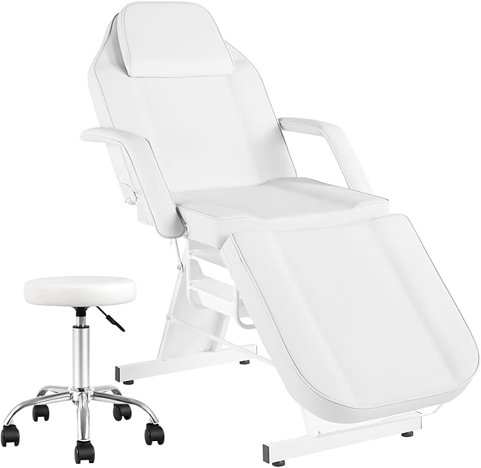 Facial Chair Tattoo Chair Massage Bed Adjustable 3-Section Multipurpose with Hydraulic Stool for Esthetician Beauty Spa Tattoo Eyelash Equipment White