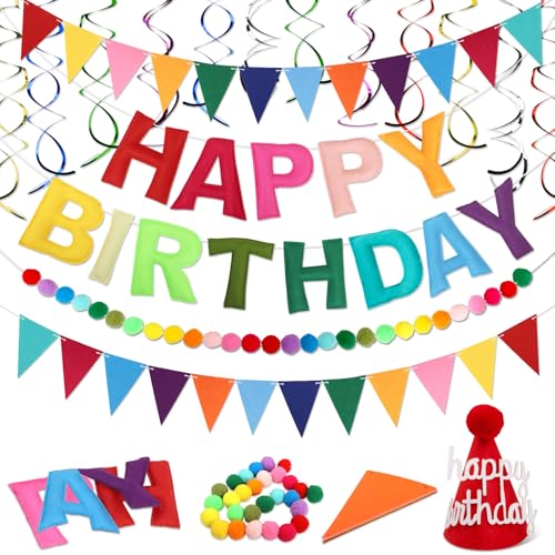 Pre Strung Happy Birthday Banner Set - Felt Ball Garland, Felt Birthday hat and Pennant Flags & Colorful Hanging Swirl, Re...