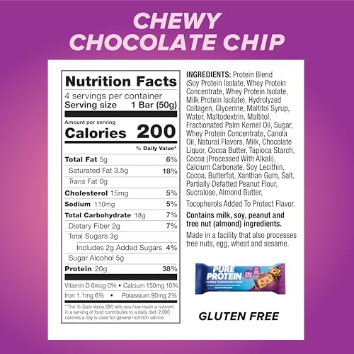 Pure Protein Chewy Chocolate Chip Protein Bars – 20g Protein, 3g Sugar, 190 Calories (36 count) Low Sugar* High Protein Sn...