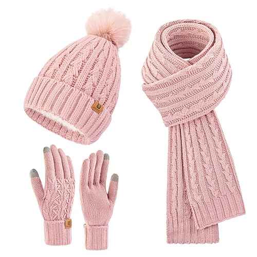 Womens Winter Warm Beanie Hat Long Scarf Touchscreen Gloves Set with Fleece Lined Skull Pom Caps 3 in 1 Set for Gift