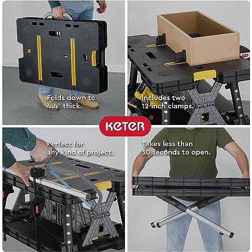 Keter Folding Work Table, Portable Workbench w/ 12" Clamps for Garage/Wood Shop - Heavy-Duty and All-Weather for DIY Home ...