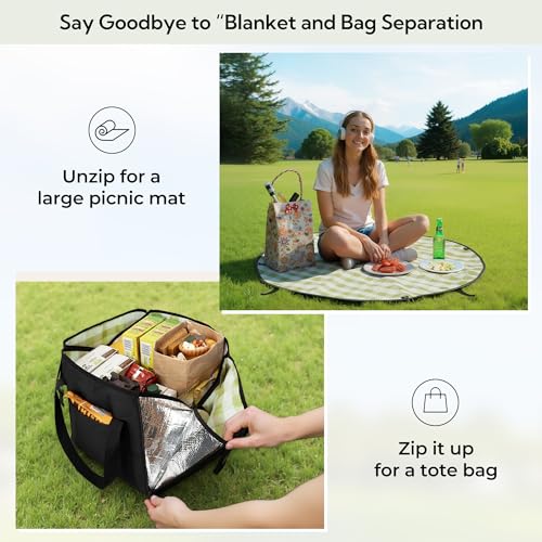 GRANNY SAYS 2-in-1 39¼”D Black Waterproof Picnic Blankets & Tote Bag, Medium Picnic Mat for Camping, Grass, and Park, Fold...