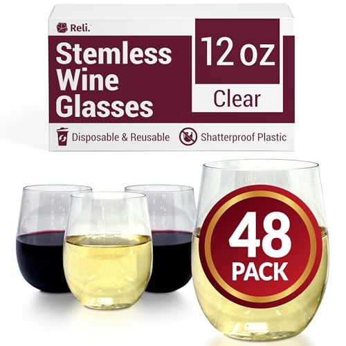 Reli. Disposable Wine Glasses (48 Pack, 12oz) Plastic Stemless Wine Glasses Disposable | Clear and Stemless for Parties, C...