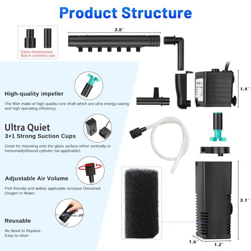 Aquarium Filter Small Betta Fish Tank Filter for 2-15 Gallon Silent 4-in-1 Adjustable Air Flow Fish Turtle Shrimp Tank Fil...