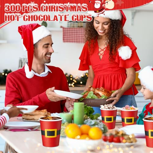 Yaomiao 300 Pcs 9 oz Christmas Paper Cups Santa Claus Belt Design Disposable Christmas Hot Cocoa Coffee Cups Bulk for Hot ...