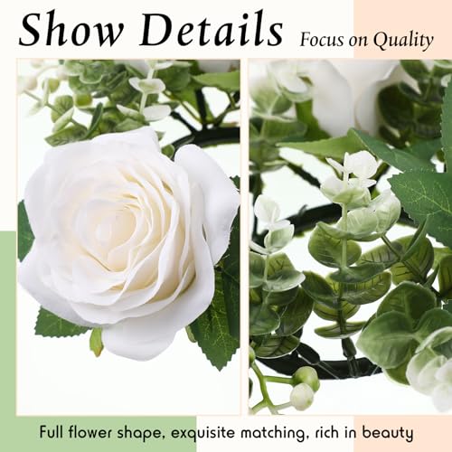 Yunlly 12 Pcs Valentine Candle Rings Wreaths 3 Inch Wedding Centerpiece LED Flameless Candles Rose Eucalyptus Rings for Ta...