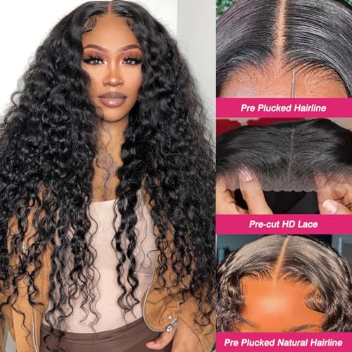 6x4 Deep Wave Lace Front Wigs Human Hair 180% Density Glueless Wigs Human Hair Pre Plucked Cut 6x4 Deep Wave Closure Wig Pre Cut Wigs Human Hair Curly Glueless Wig 24 Inch