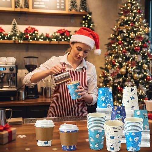 Cunhill 100 Sets 9oz Christmas Disposable Coffee Cups with Lids & Sleeves, Bulk Paper Christmas Coffee Cups for Hot Chocol...