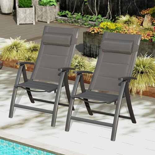 Domi Patio Folding Chairs Set of 2, Outdoor Reclining Camping Chairs Set with Moveable Headrest, Aluminum Frame Outdoor Po...