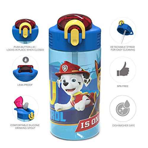 Zak Designs 16oz Kids Durable Plastic Spout Cover and Built-in Carrying Loop, Leak-Proof Water Bottle Design for Travel (16 oz, Paw Patrol Marshall),PWPT-T123