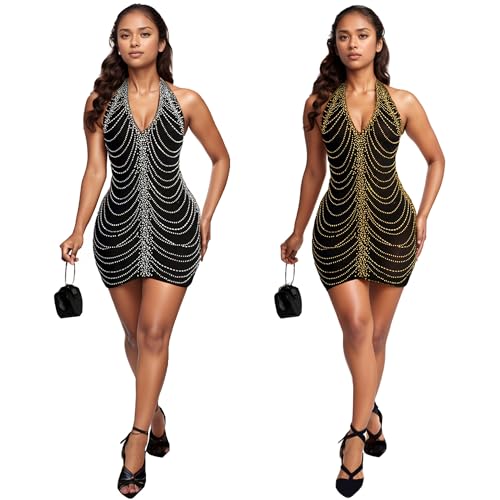 PORRCEY Women's Hot Drilling Craft Sexy Long Sleeve Mesh See Through Party Club Night Rhinestone Dress