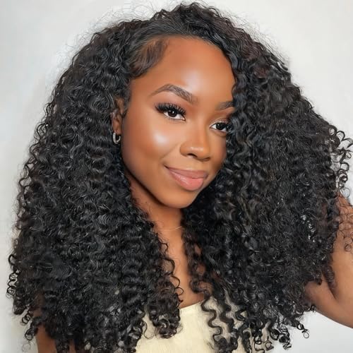 Kinky Curly Half Wig Human Hair 3 in 1 Glueless Wear And Go Human Hair Half Wigs For Women Seamless Flip Over Drawstring Headband Wig 180% Density Beginner Friendly 1B 18inch