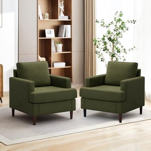 Weture Mid-Century Accent Chair, Comfy Upholstered Reading Accent Chairs for Bedroom, Modern Linen Fabric Armchair for Living Room, Single Sofa Chair with Wood Legs (Green, 2 Pack)
