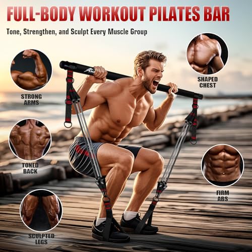 HPYGN Pilates Bar Kit with Resistance Bands, Heavy Duty Multifunctional Pilates Workout Equipment for Strength Training, H...