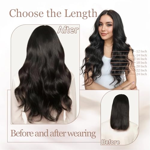 Tape in Hair Extensions Human Hair, 24 Inch Natural Black 20pcs Hair Extensions Real Human Hair Tape in Extensions Invisible Tape in Hair Extensions for Women (1B, 24 Inch)