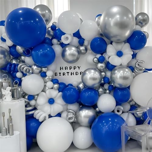 136pcs Blue White Silver Balloon Garland Kit - 18/12/10/5 Inch Royal Blue, Silver Confetti Balloon Arch for New Year, Grad...
