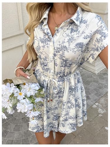 SOLY HUX Women's Floral Print Button Short Sleeve Summer Boho Flowy Short Dress Beach Vacation Clothes