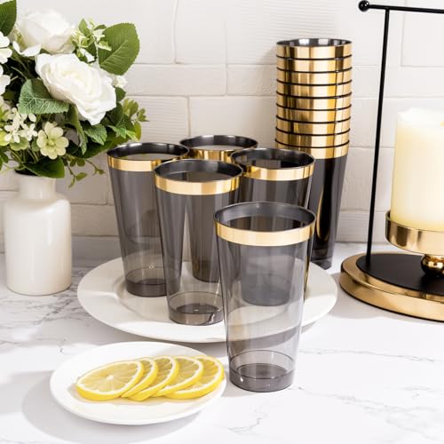 LIYH 100 Pcs Gold Plastic Cups - 16 OZ Clear Black and Gold Rim Plastic Wine Cups Big Size Fancy Disposable Wine Glasses P...