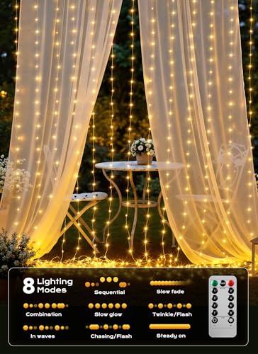 Brightown 600 LED Curtain String Lights, 20 FT Hanging Fairy Lights with Remote, 8 Modes, Waterproof Window Lights for Bed...