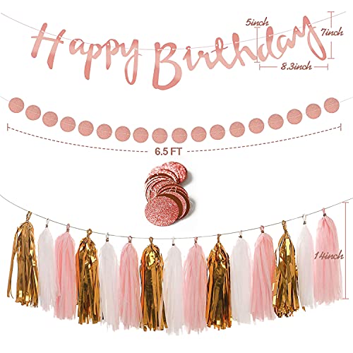 Rose Gold & Pink Party Decorations Set - Happy Birthday Banner, DIY Cake Topper, Circle Dots & Swirls Garlands, Tissue Pap...
