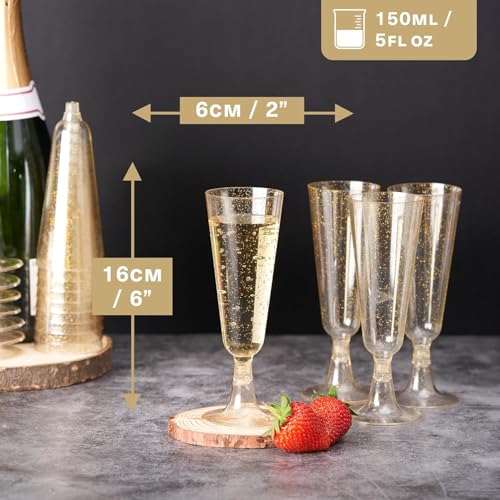 MATANA 50 Premium Plastic Champagne Flutes, Gold Glitter, 5oz - Reusable Cocktail Glasses for Mimosa, Dessert, Wine - Toas...