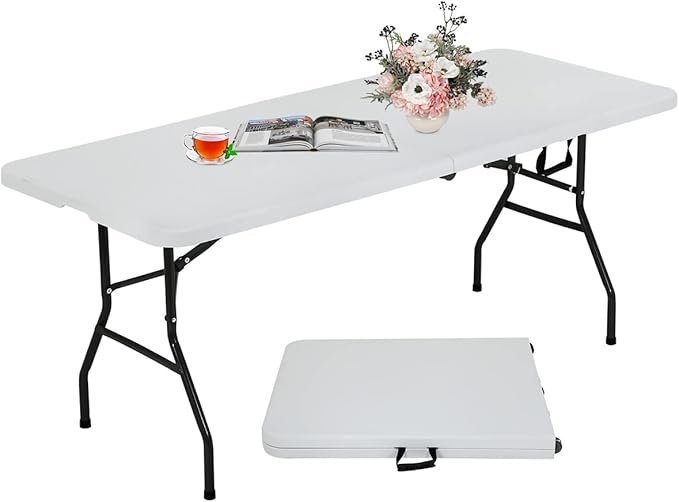 Pazidom 6FT Folding Table, Heavy Duty Plastic Table Portable Fold-in-Half Utility Table Indoor Outdoor Picnic Table w/Hand...