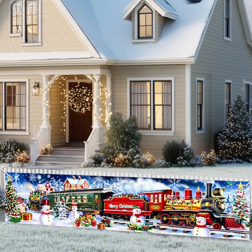 BlissYard Merry Christmas Long Horizontal Banner Backdrop Holiday Winter Wonderland Christmas Train Photography Background...