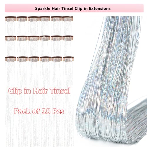 Obinying Hair Tinsel Pack of 18 Pcs Hair Tinsel Clip in 20.5 Inch Glitter Tinsel Hair Extensions Clip in Hair Tinsel Kit P...