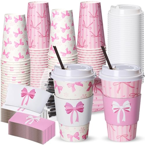 Jingmore 50 Set Pink Bow Coffee Cups with Lids, Straws and Sleeves Pink Bowknot Disposable Drinking Cup for Wedding Coquet...