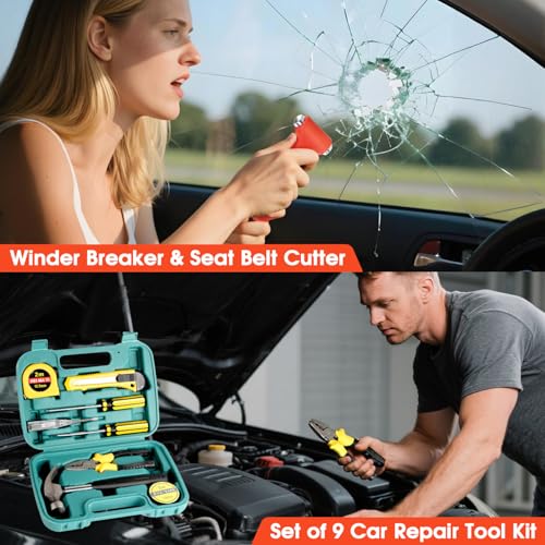 Car Emergency Roadside Tool Kit with Jumper Cable Shovel,Auto Truck Vehicle Assistant Safety Kit Bag for Men Women with Fi...