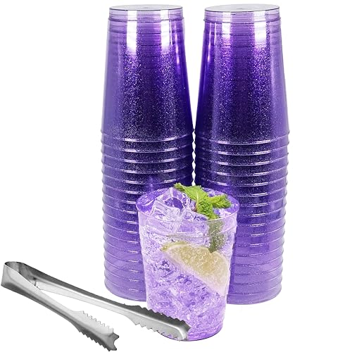 50pc 10oz Purple Glitter Plastic Cups and 1 Silver Ice Tong Set - Disposable Cocktail Glasses - Plastic Wine Cups - Purple...