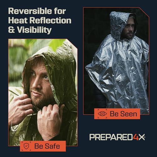 PREPARED4X Emergency Poncho and Mylar Blanket Liner - Waterproof, Wind-Resistant Outdoor Rain Poncho for Camping, Emergencies