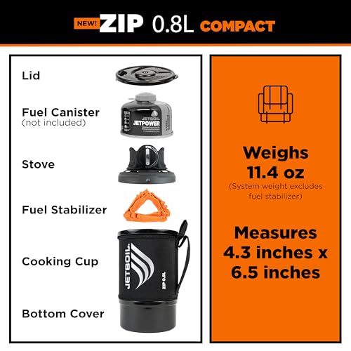 Jetboil Zip 0.8L Portable Fast Boil Stove with Easy-Turn Knob Igniter for Backpacking and Camping, New for 2025, Propane/I...