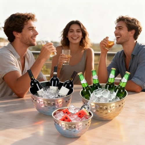 3 Pack Ice Bucket 4.6/6/7.5L Stainless Steel Beverage Tub with 2 Scoop Leak-Proof Wine Bucket Large Metal Ice Buckets for ...