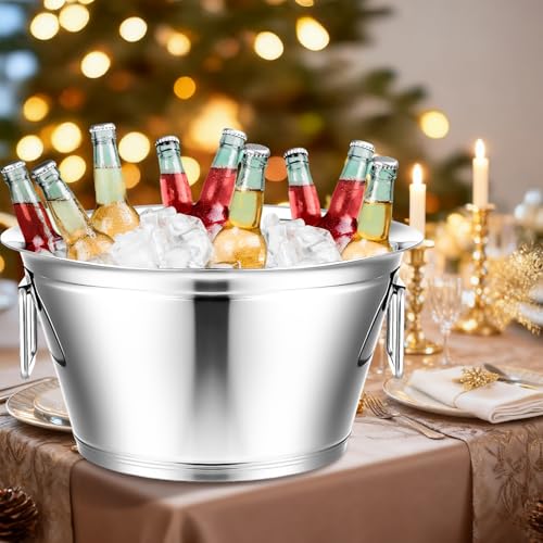 Maxdot Stainless Steel Beverage Tub 5 Gallon Champagne Buckets Insulated Ice Bucket for Parties with Double Hinged Handles...