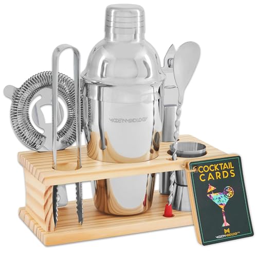 Modern Mixology Cocktail Shaker Set - 8 Piece Bartender Kit on Quality Pine Stand | Complete Cocktail Kit Gift Set | Top B...