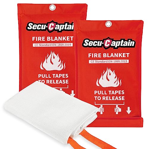 SecuCaptain Emergency Fire Blanket for Home and Kitchen - 2 Pack 40"x40" Flame Suppression Fiberglass Fire Blankets for Ho...