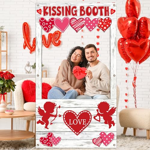 Valentine's Day Party Decorations Kissing Booth Theme Photo Booth Props Cupid Love Heart Banner Valentine Picture Frame fo...