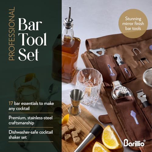 Barillio Bartender Kit Bag with Cocktail Shaker Set - Waxed Canvas, Traveling Bar Tools Bag with 17-Pc Cocktail Kit - Trav...
