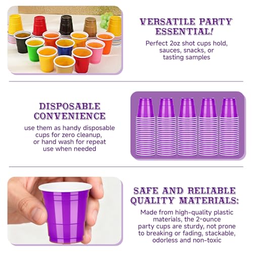 Pineburg 100 Pack 2oz Carnival Plastic Shot Cups, Purple Plastic Shot Glasses, Mini Disposable Cups for Parties Valentine'...