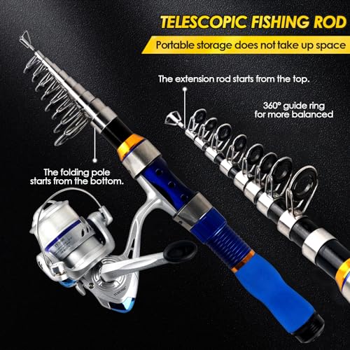 Telescopic Fishing Rod Reel Combo 2PCS 6.89FT Collapsible Fishing Pole Spinning Reel Lures Accessories with Fishing Bag Po...