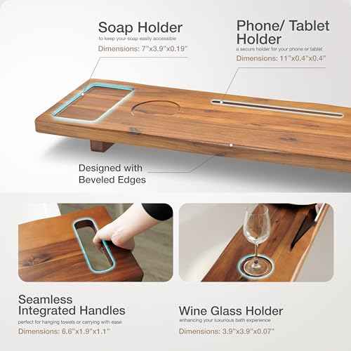 Tinamo Acacia Bathtub Caddy Tray Table | 39 x 9.75 x 2.5 Inch Large Bath Tub Tray Wooden | Anti-Tipping, Sustainable Tub Tray for Bathtub | Bathtub Accessories Holders for Bathtub (Acacia, 39x9.75)
