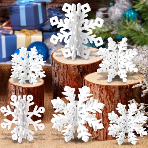 OuMuaMua 6 Set Snowflake Christmas Table Decorations - 12pcs White Wooden 3D Snowflake Decor Tabletop Centerpiece for Chri...