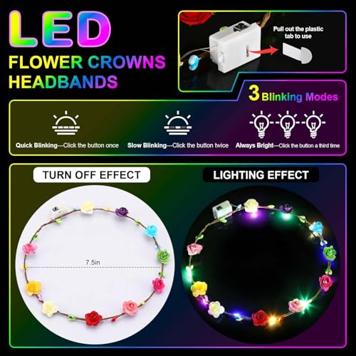 HONLYNE Valentines Day Gifts, 54 PCS New Year LED Flower Crowns Headbands, Light Up Flower Crowns For Women, Glow in the D...
