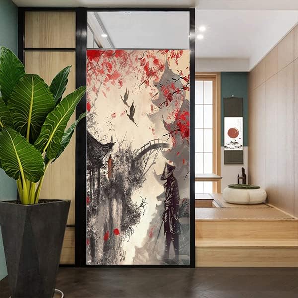 Vintage Japanese Samurai Air Window Film Watercolor Ink Ancient Cherry Blossom Red Sunblackout Window Film,Playroom Window Film 23.6Wx47.2L-Inch X1Pcs