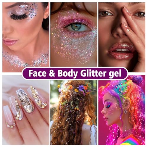 10 Colors Body Glitter,Face Glitter Makeup for Kids Women,Sparkly Chunky Hair Glitter for Eye Lip Hair Nails,Mardi Gras Gl...