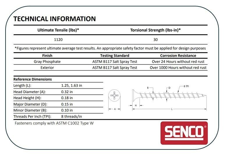 SENCO 06A125P DuraSpin No. 6 x 1-1/4-Inch Collated Screw, 1 1/4 Drywall to Wood Screws (1,000 Ct Tub)