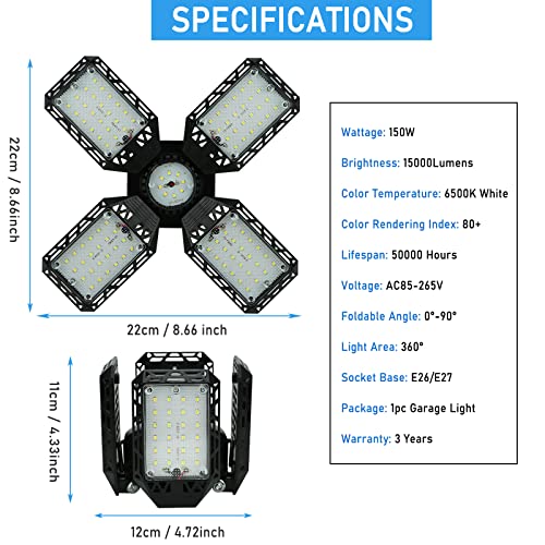 QiyuanLS LED Garage Light,150W Deformable Garage Ceiling Lights,15000LM, 4 Adjustable Panels, E26/E27 Shop Lights for Base...